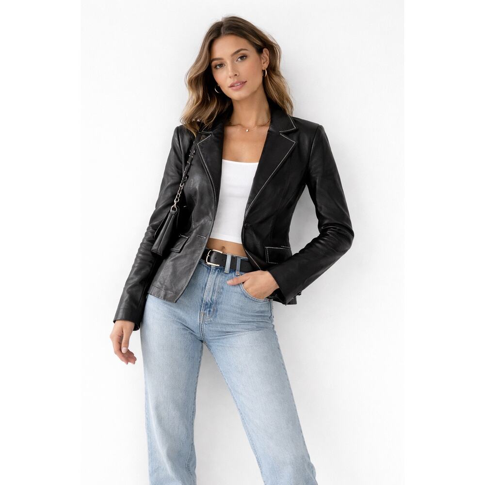 INC Women’s Genuine Leather Blazer Black Contrast Stitch Y2K Jacket Size 6